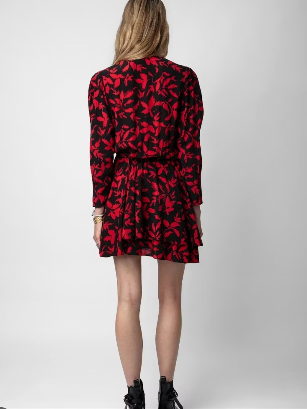 Zadig & Voltaire Red Black Floral Pattern Mini Dress With Pleated Skirt Size L - Picture 4 of 12